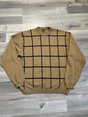 Vintage 90s Jockey Windowpane Plaid Sweater Large L Merino Wool Tan Grid Knit
